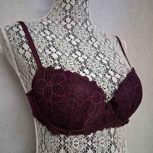 PINK Victoria's Secret Date Push Up Bra 34C Burgundy Lace Padded Cups